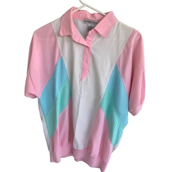 Vintage Tops - Vintage Casual Isle Blouse Top Women Medium Pink Blue Parachute Ladies Shirt